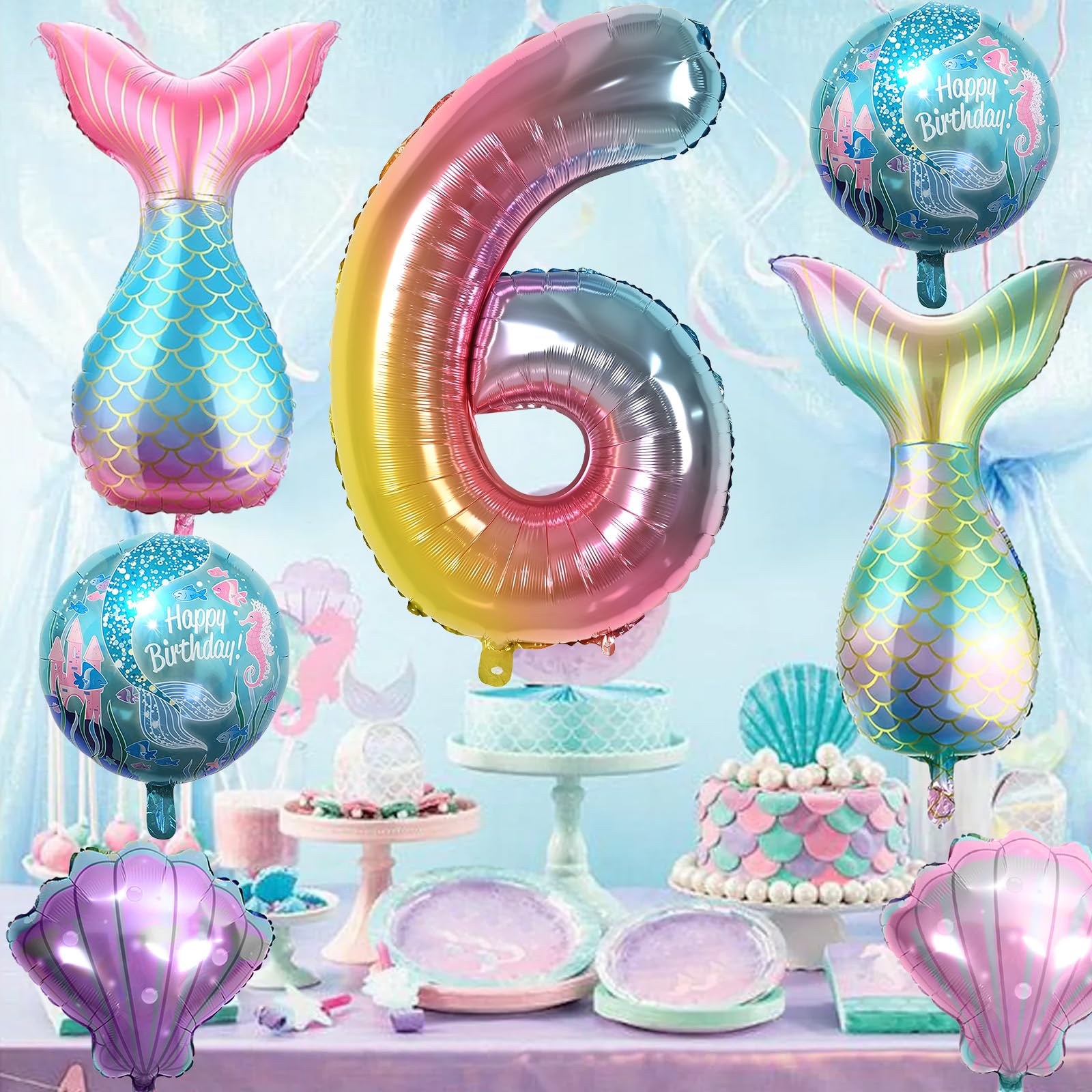 Sowide 6th Mermaid Birthday Decorations — Pink & Blue Balloons Kit for Girls