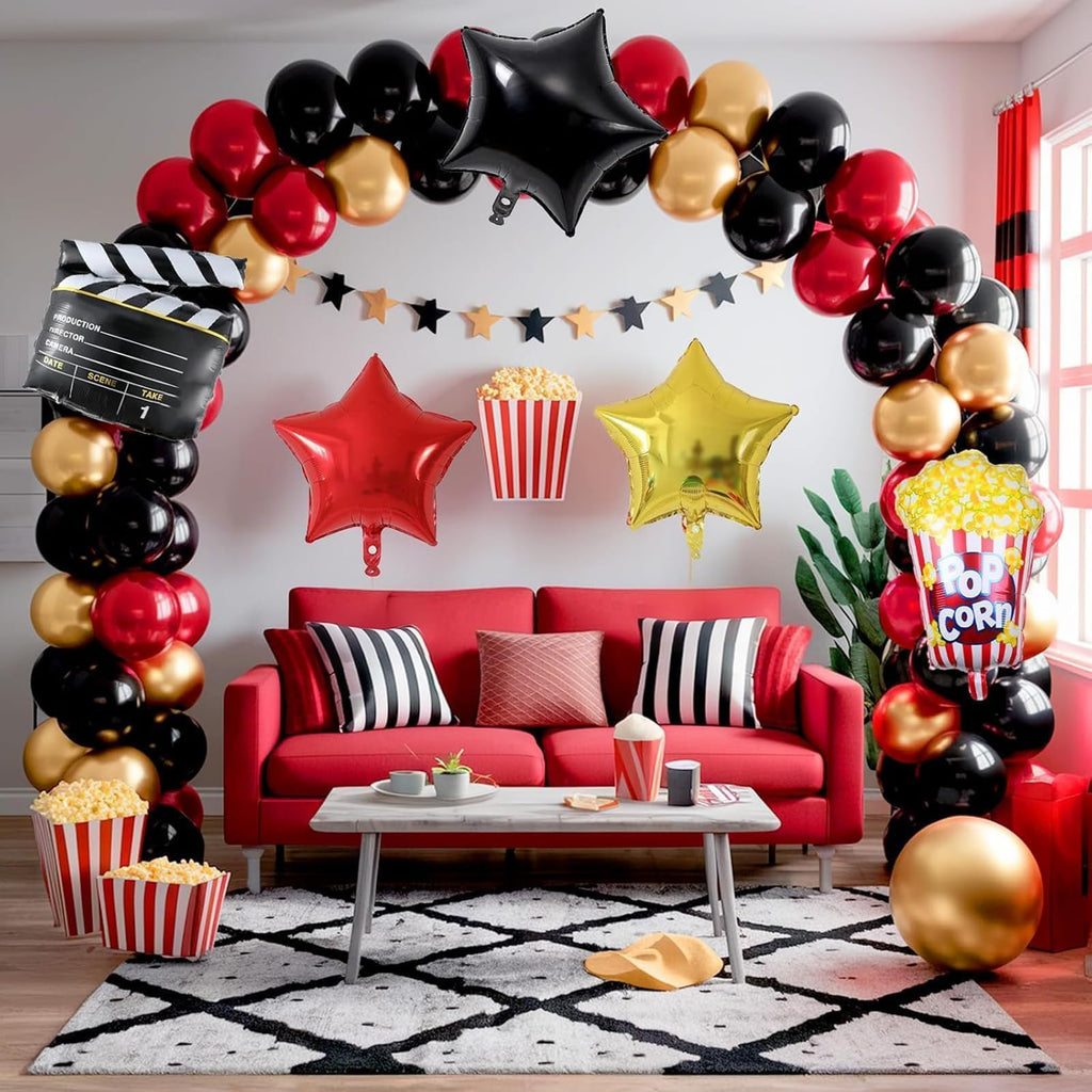 Sowide Movie Night Balloon Garland Arch Kit – Red, Black & Gold with Clapperboard & Star Foil Balloons