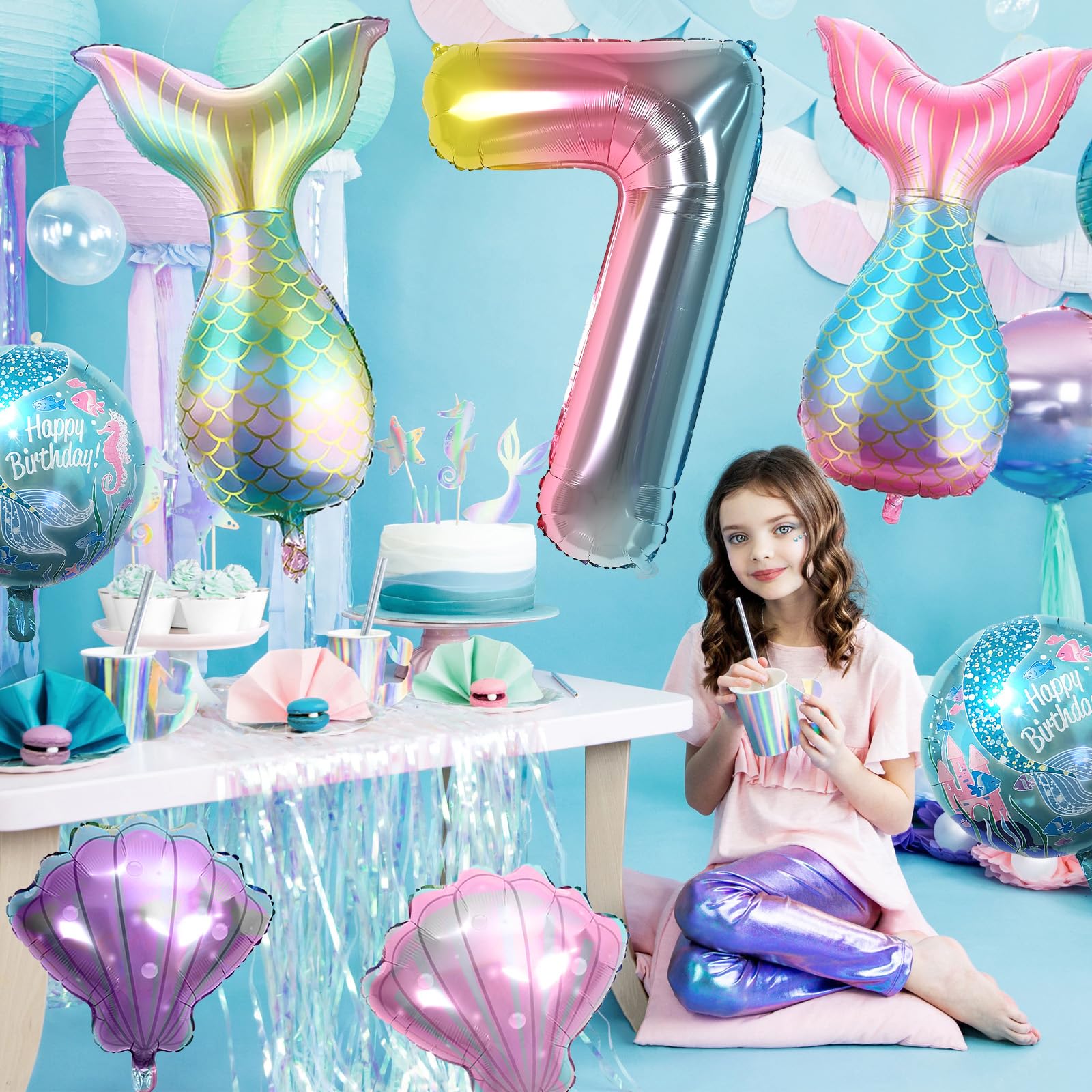 Sowide 7th Mermaid Birthday Decorations — Pink & Blue Balloons Kit for Girls