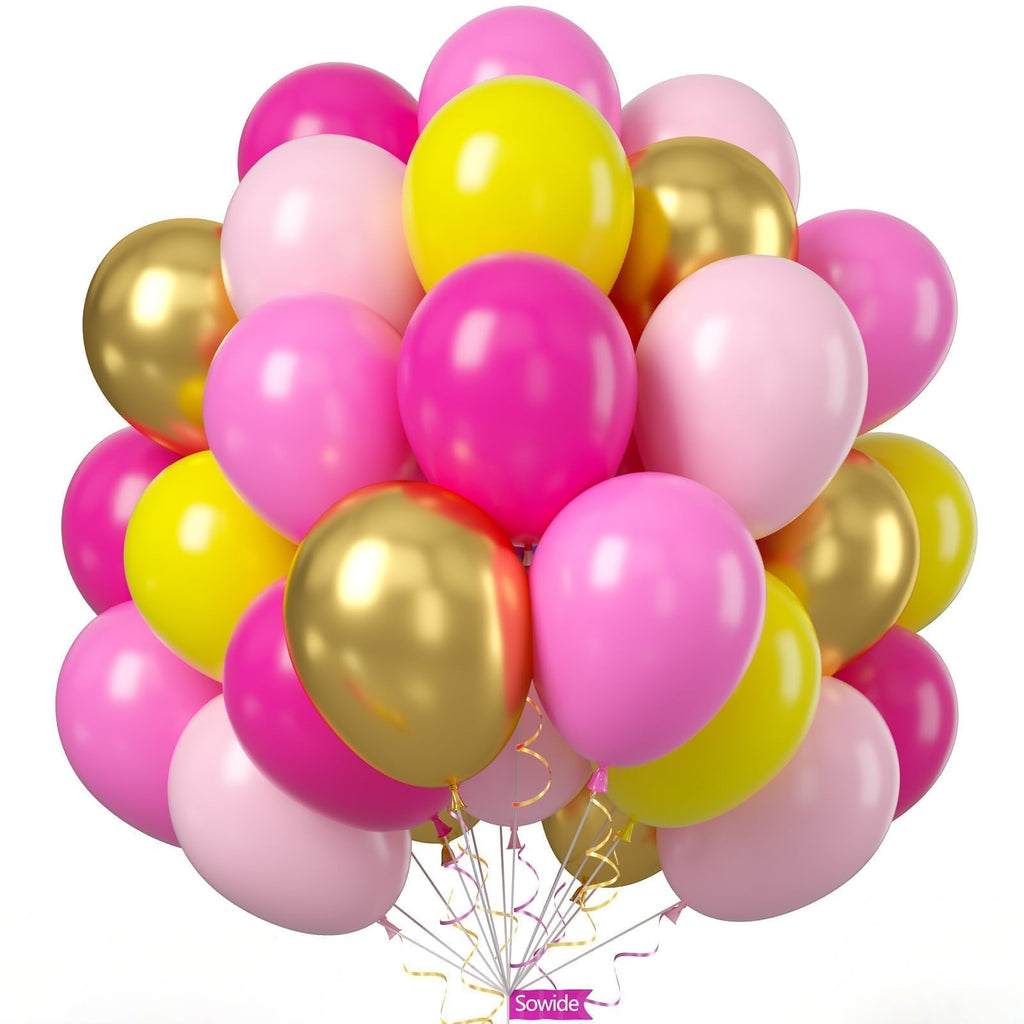 Sowide Yellow Pink Balloon Kit - 60pcs, 12in Balloons with Metallic Gold for Parties