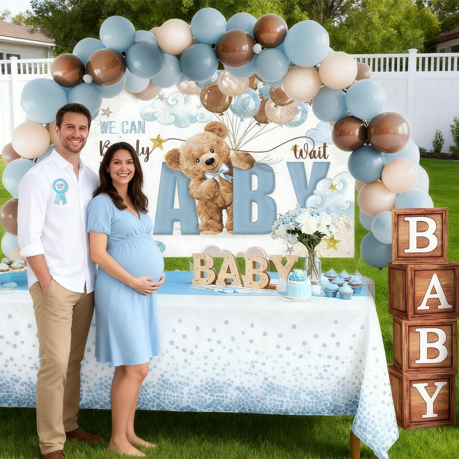 SPARKTUTU 140pcs Teddy Bear Baby Boy Shower Decorations — Balloon Arch Kit & We Can Bearly Wait Backdrop