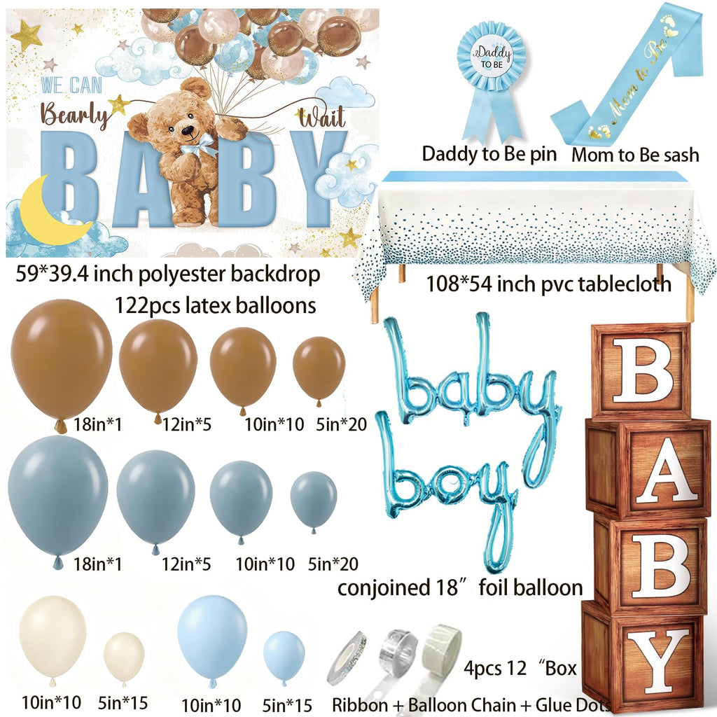 SPARKTUTU 140pcs Teddy Bear Baby Boy Shower Decorations — Balloon Arch Kit & We Can Bearly Wait Backdrop