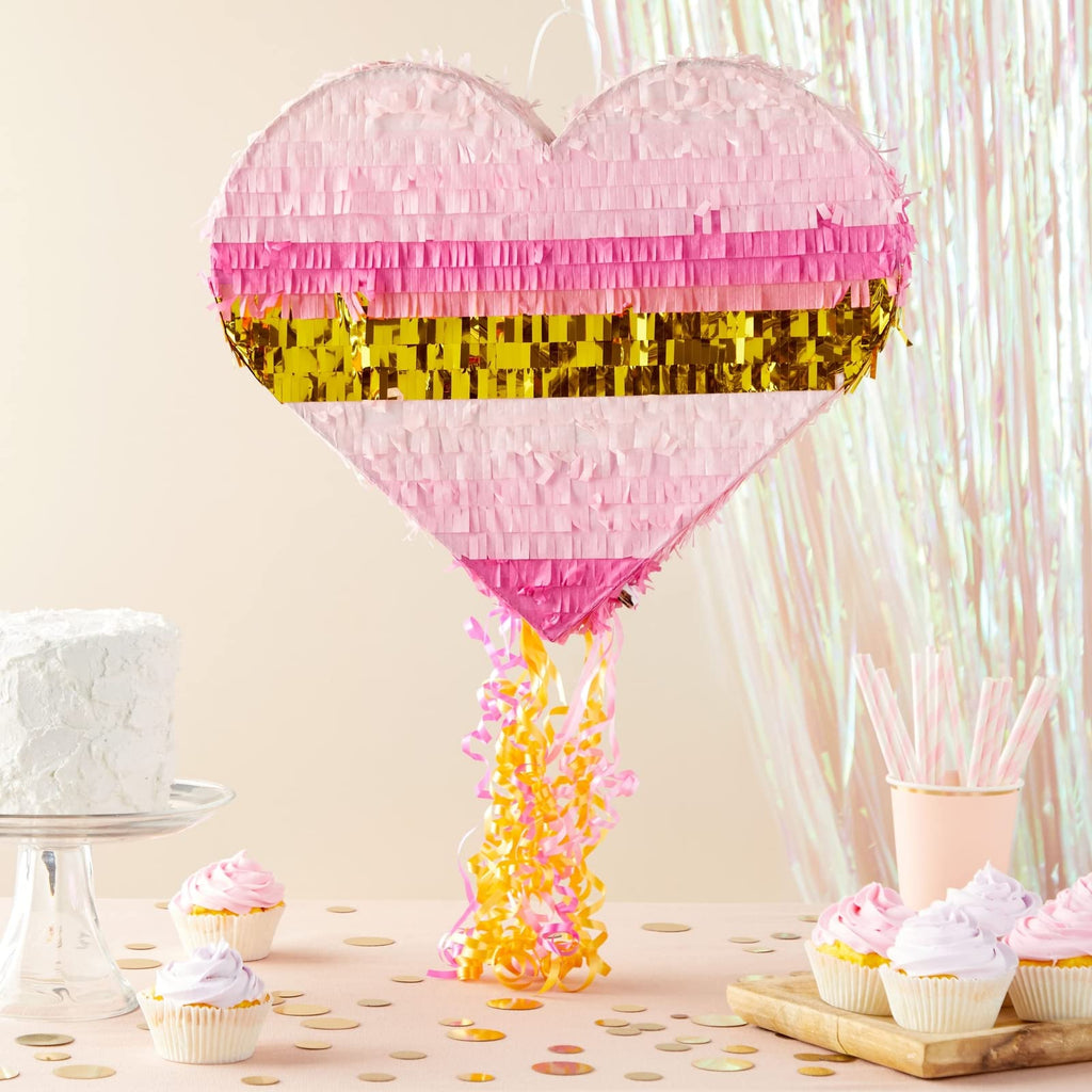 Sparkle and Bash Pull String Pinata – Pink & Gold Ombre Heart, 16x13x3 in