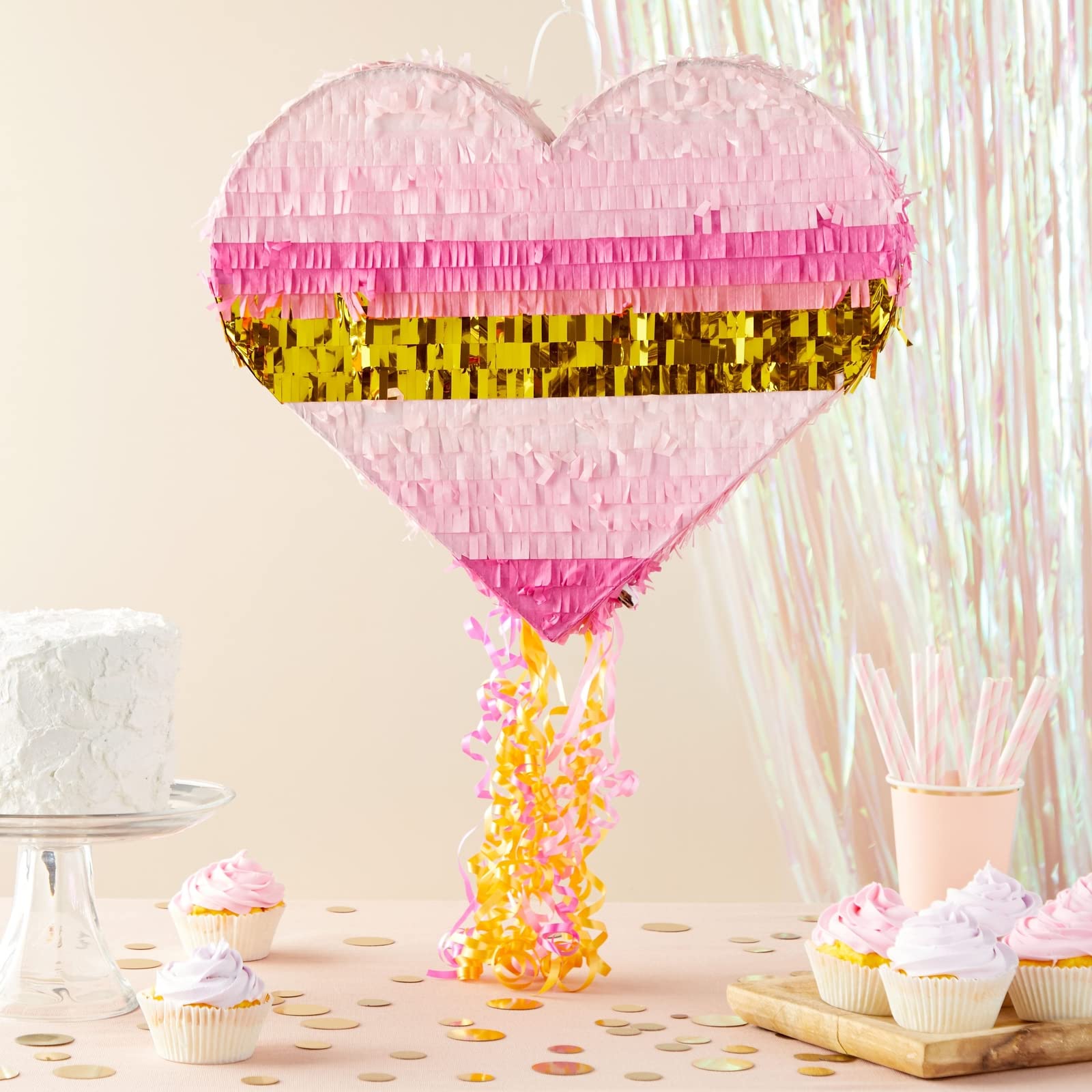 Sparkle and Bash Pull String Pinata – Pink & Gold Ombre Heart, 16x13x3 in