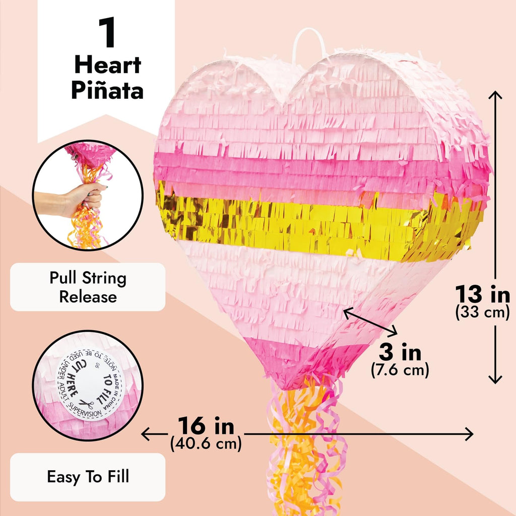 Sparkle and Bash Pull String Pinata – Pink & Gold Ombre Heart, 16x13x3 in