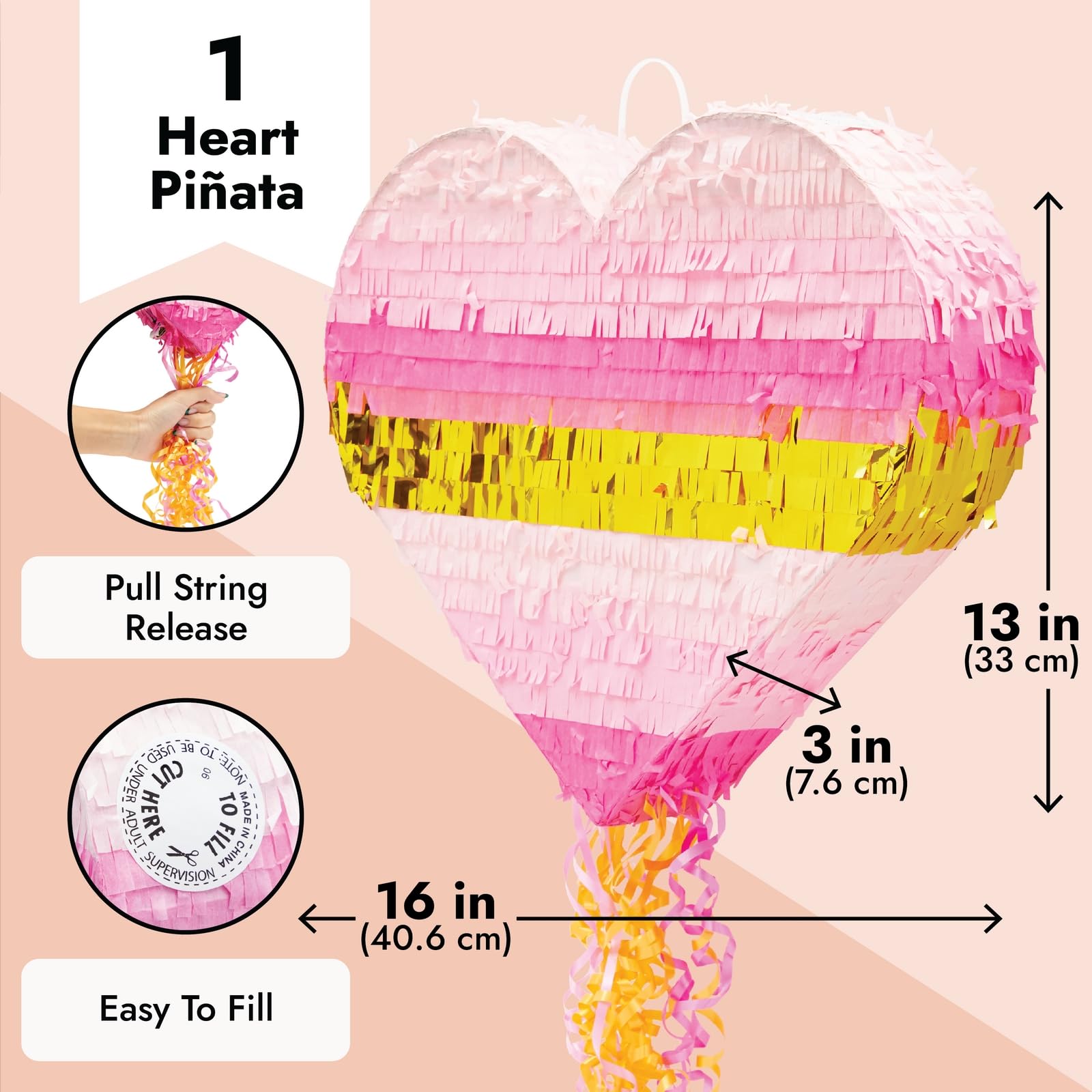 Sparkle and Bash Pull String Pinata – Pink & Gold Ombre Heart, 16x13x3 in
