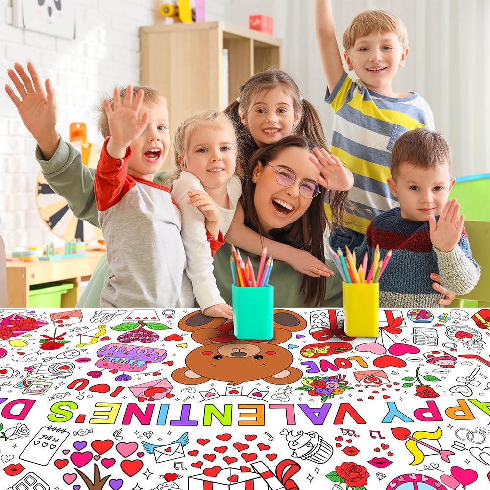 SPERINGEEN Valentines Tablecloth Decorations - Kids Coloring Crafts & Party Decor