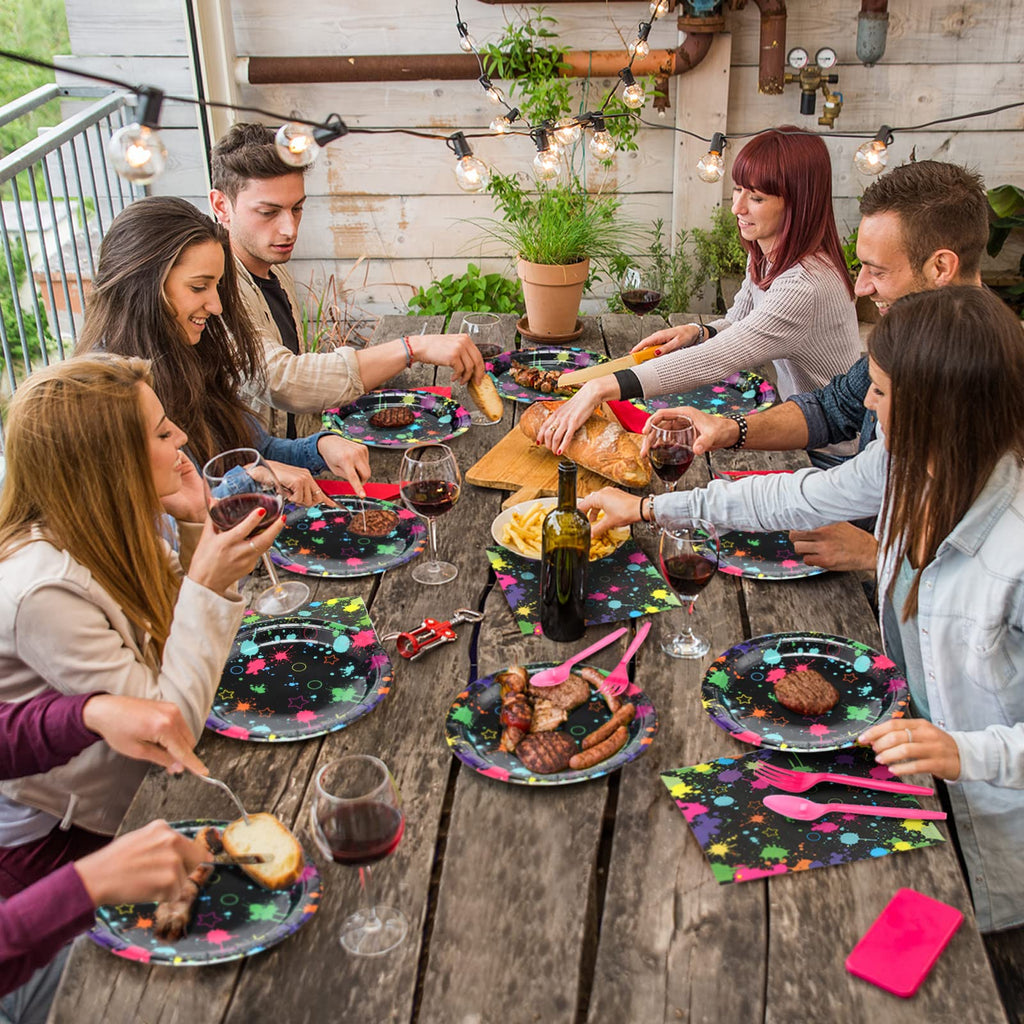 Spiareal Neon Party Supplies – 100 Pcs Glow in the Dark Plates, Napkins & Cutlery for 20 Guests