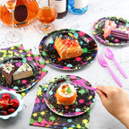 Spiareal Neon Party Supplies – 100 Pcs Glow in the Dark Plates, Napkins & Cutlery for 20 Guests