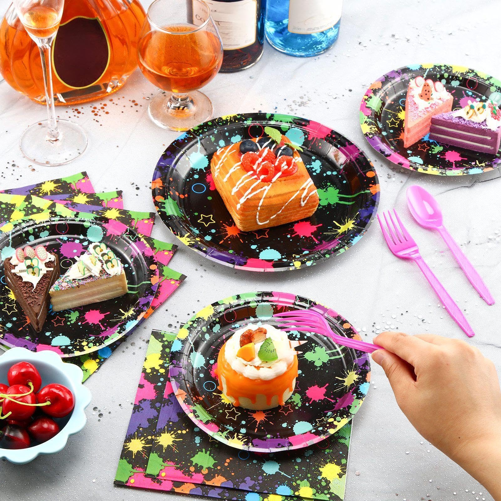 Spiareal Neon Party Supplies – 100 Pcs Glow in the Dark Plates, Napkins & Cutlery for 20 Guests