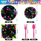 Spiareal Neon Party Supplies – 100 Pcs Glow in the Dark Plates, Napkins & Cutlery for 20 Guests