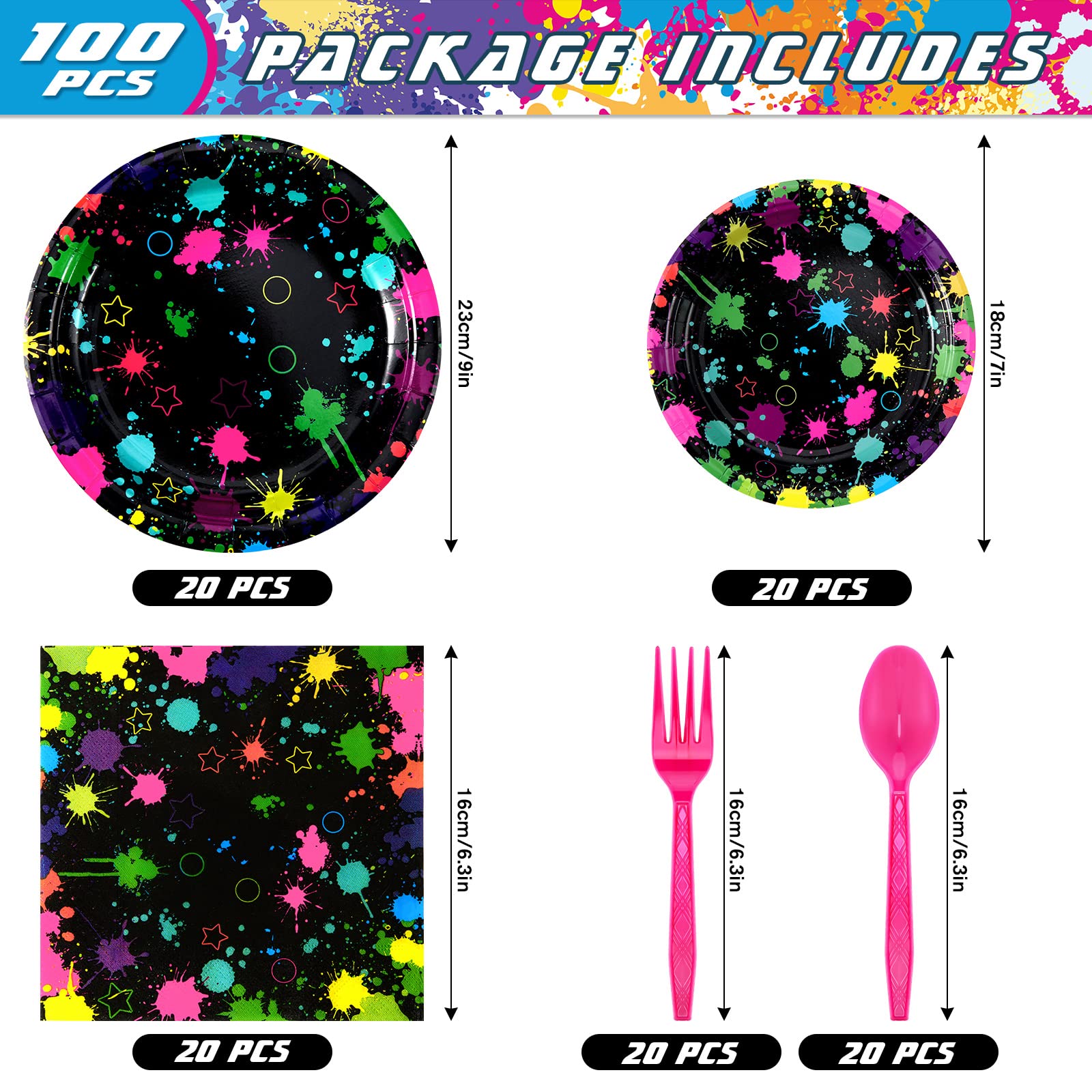 Spiareal Neon Party Supplies – 100 Pcs Glow in the Dark Plates, Napkins & Cutlery for 20 Guests