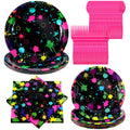 Spiareal Neon Party Supplies – 100 Pcs Glow in the Dark Plates, Napkins & Cutlery for 20 Guests