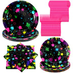Spiareal Neon Party Supplies – 100 Pcs Glow in the Dark Plates, Napkins & Cutlery for 20 Guests