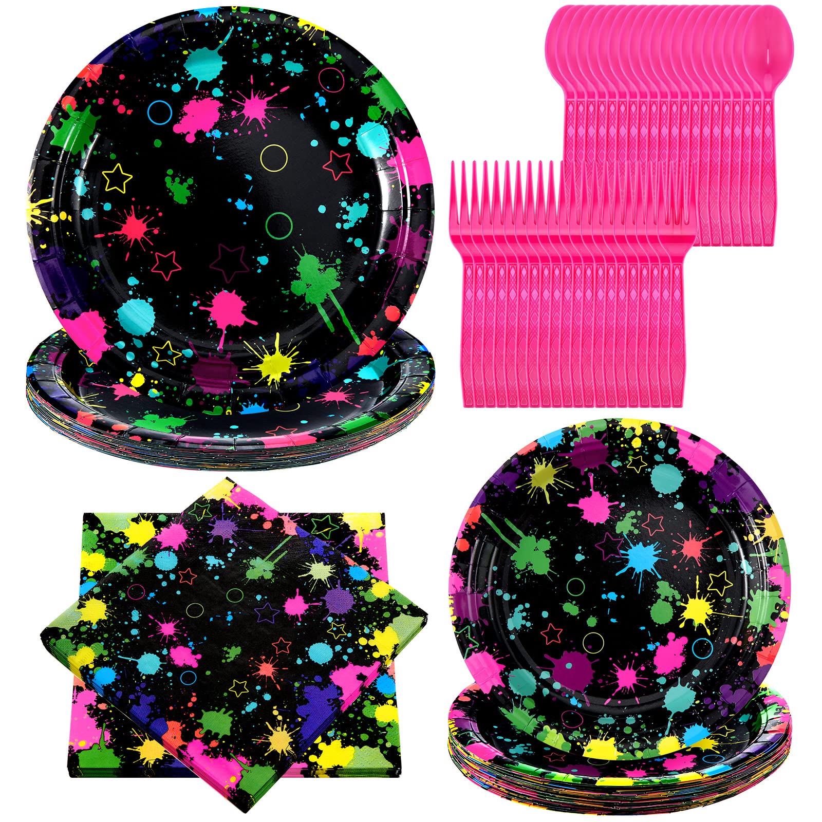 Spiareal Neon Party Supplies – 100 Pcs Glow in the Dark Plates, Napkins & Cutlery for 20 Guests