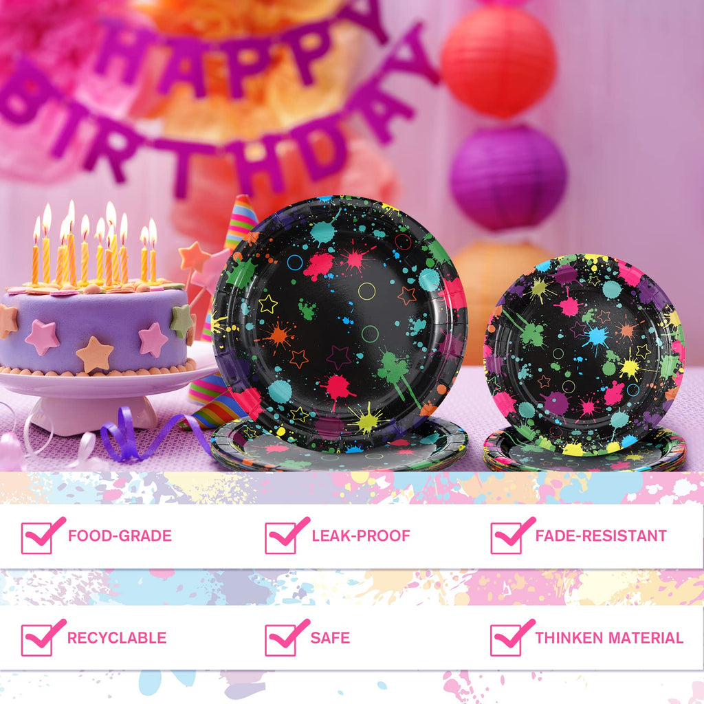 Spiareal Neon Party Supplies – 100 Pcs Glow in the Dark Plates, Napkins & Cutlery for 20 Guests