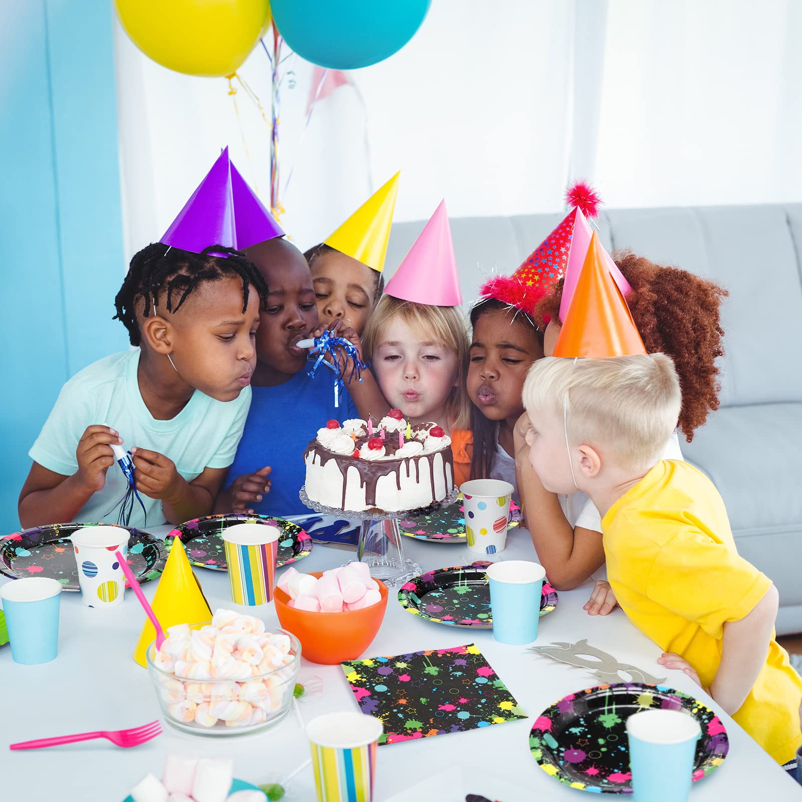 Spiareal Neon Party Supplies – 100 Pcs Glow in the Dark Plates, Napkins & Cutlery for 20 Guests