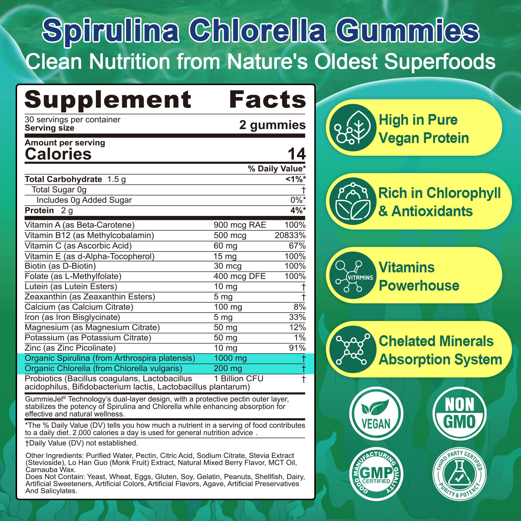 Bio Spirulina & Chlorella Gummis – Probiotikum & Super Greens Nahrungsergänzungsmittel, 60 Stück