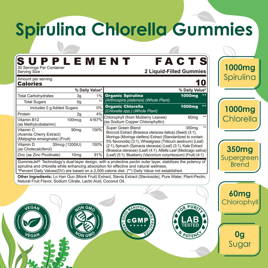 Bio Spirulina & Chlorella Fruchtgummis – Veganes Protein, Super Greens, Vitamin C & D3, Zink & B12 | Zuckerfrei, 60 Stück