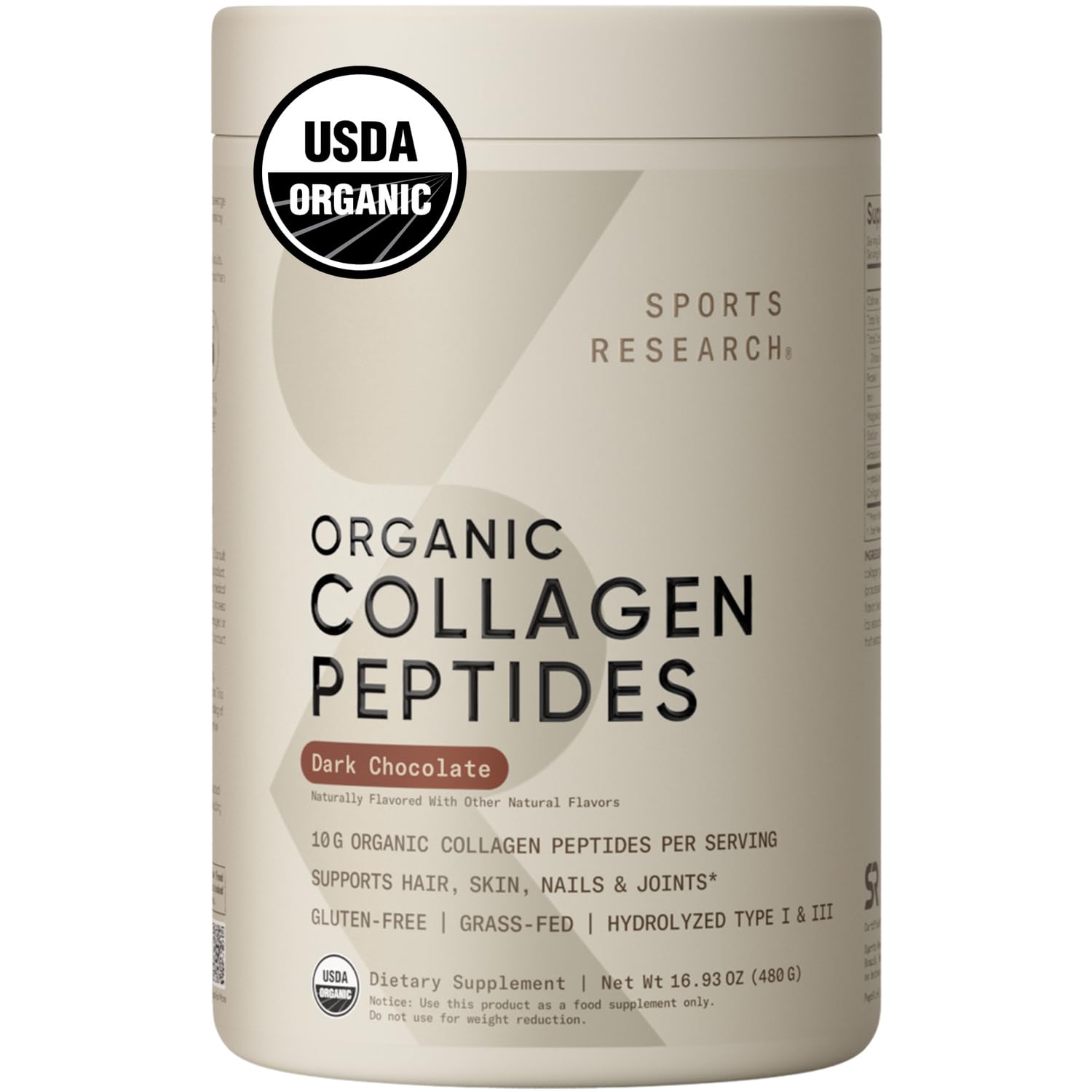 Sports Research Bio-Kollagenpulver – hydrolysiertes Typ I & III, USDA Bio, glutenfrei, 30 Portionen, Zartbitterschokolade