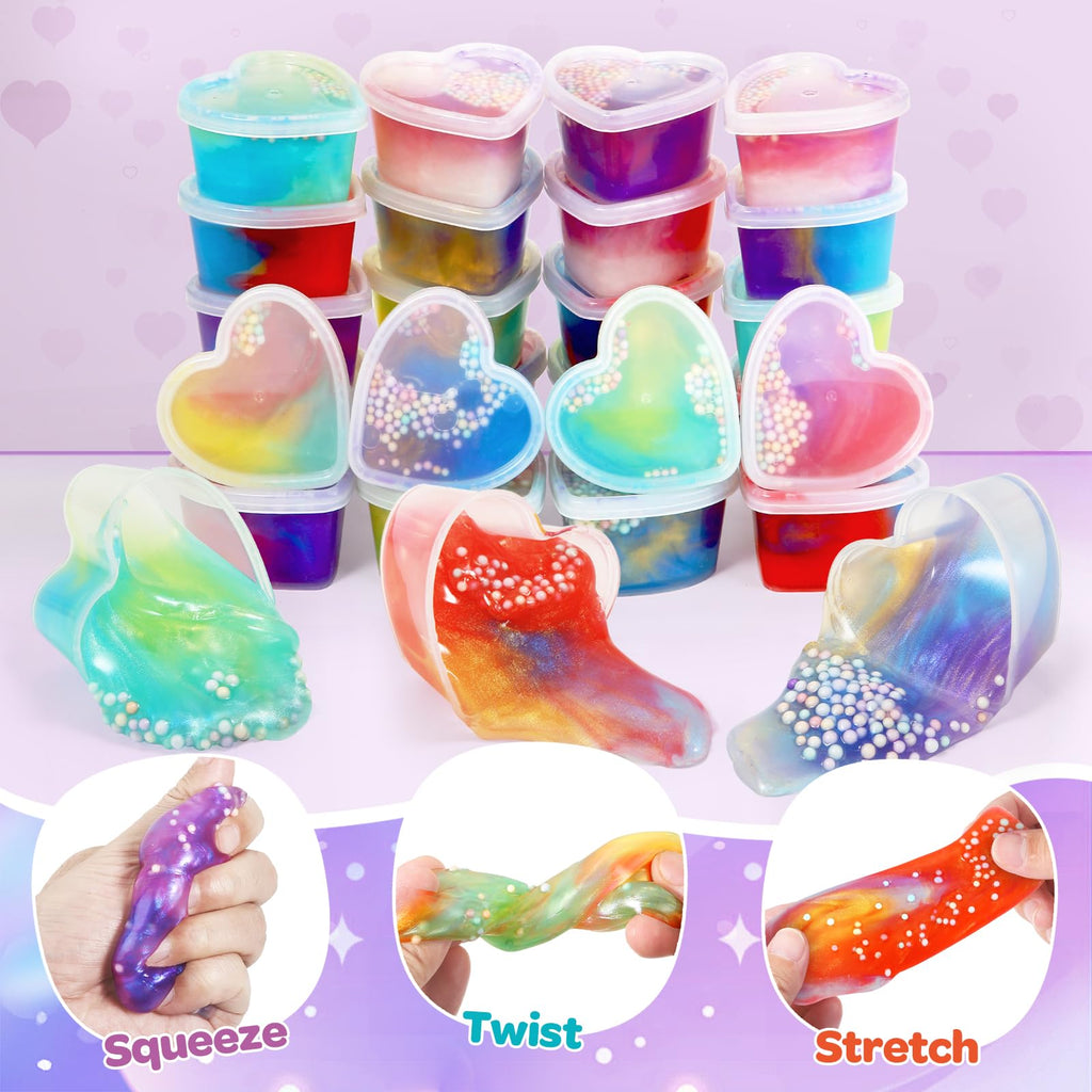 SpringFlower Valentine's Day Card Set — 24 Heart-Shaped Slime & Space Cards for School & Party Favors