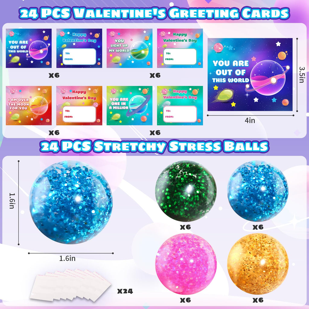 SpringFlower 24-Pack Valentines Cards with Stretchy Balls for Kids | Classroom Gifts & Party Favors