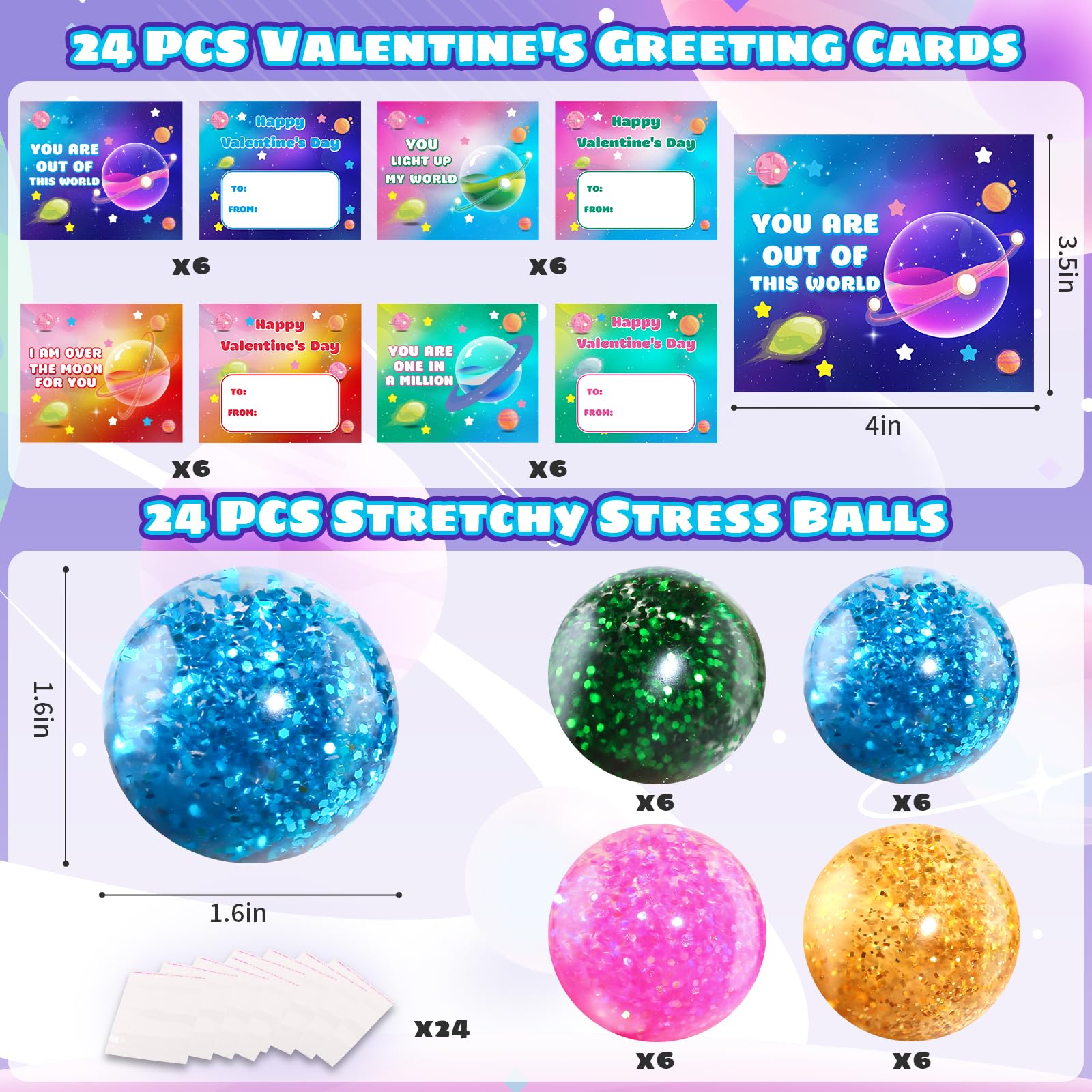 SpringFlower 24-Pack Valentines Cards with Stretchy Balls for Kids | Classroom Gifts & Party Favors