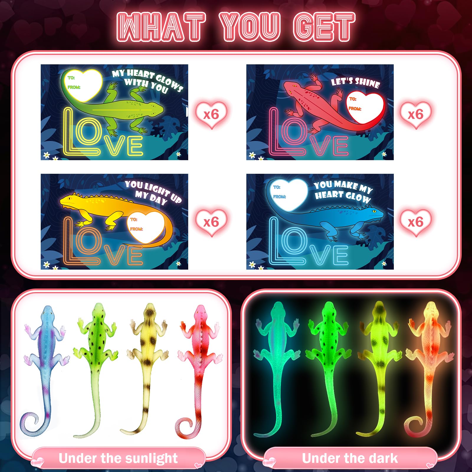 SpringFlower 24-Pack Valentines Gift Cards with Glow-in-the-Dark Lizards – Classroom Favors & Party Prizes