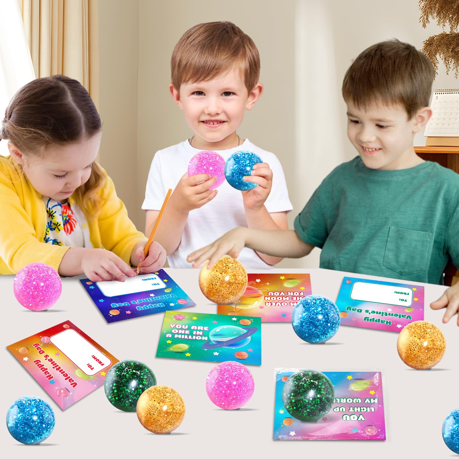 SpringFlower 24-Pack Valentines Cards with Stretchy Balls for Kids | Classroom Gifts & Party Favors