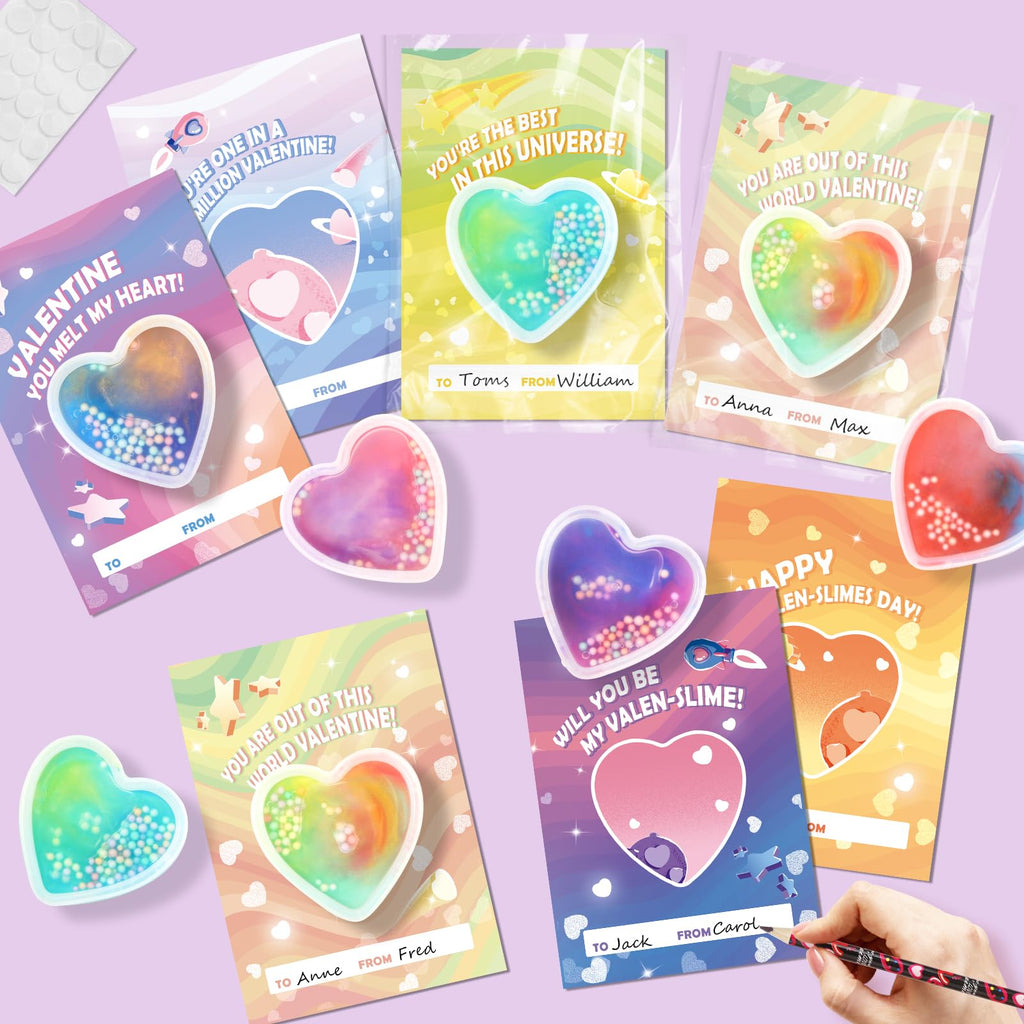 SpringFlower Valentine's Day Card Set — 24 Heart-Shaped Slime & Space Cards for School & Party Favors