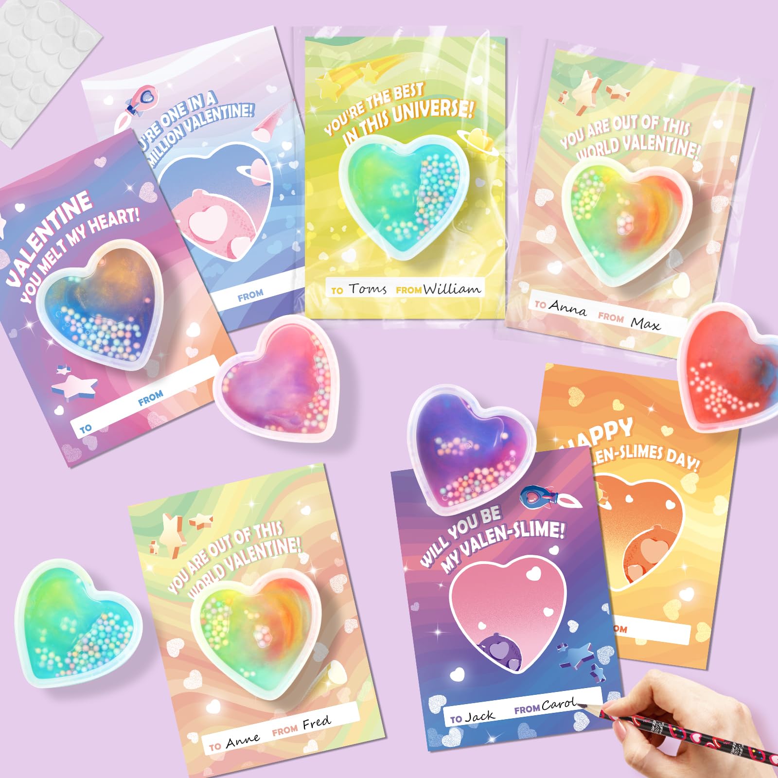 SpringFlower Valentine's Day Card Set — 24 Heart-Shaped Slime & Space Cards for School & Party Favors