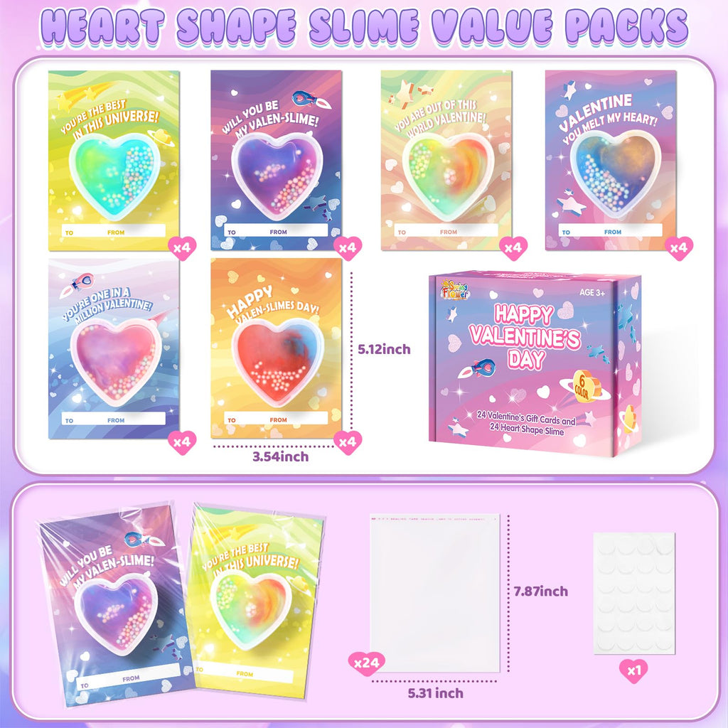 SpringFlower Valentine's Day Card Set — 24 Heart-Shaped Slime & Space Cards for School & Party Favors
