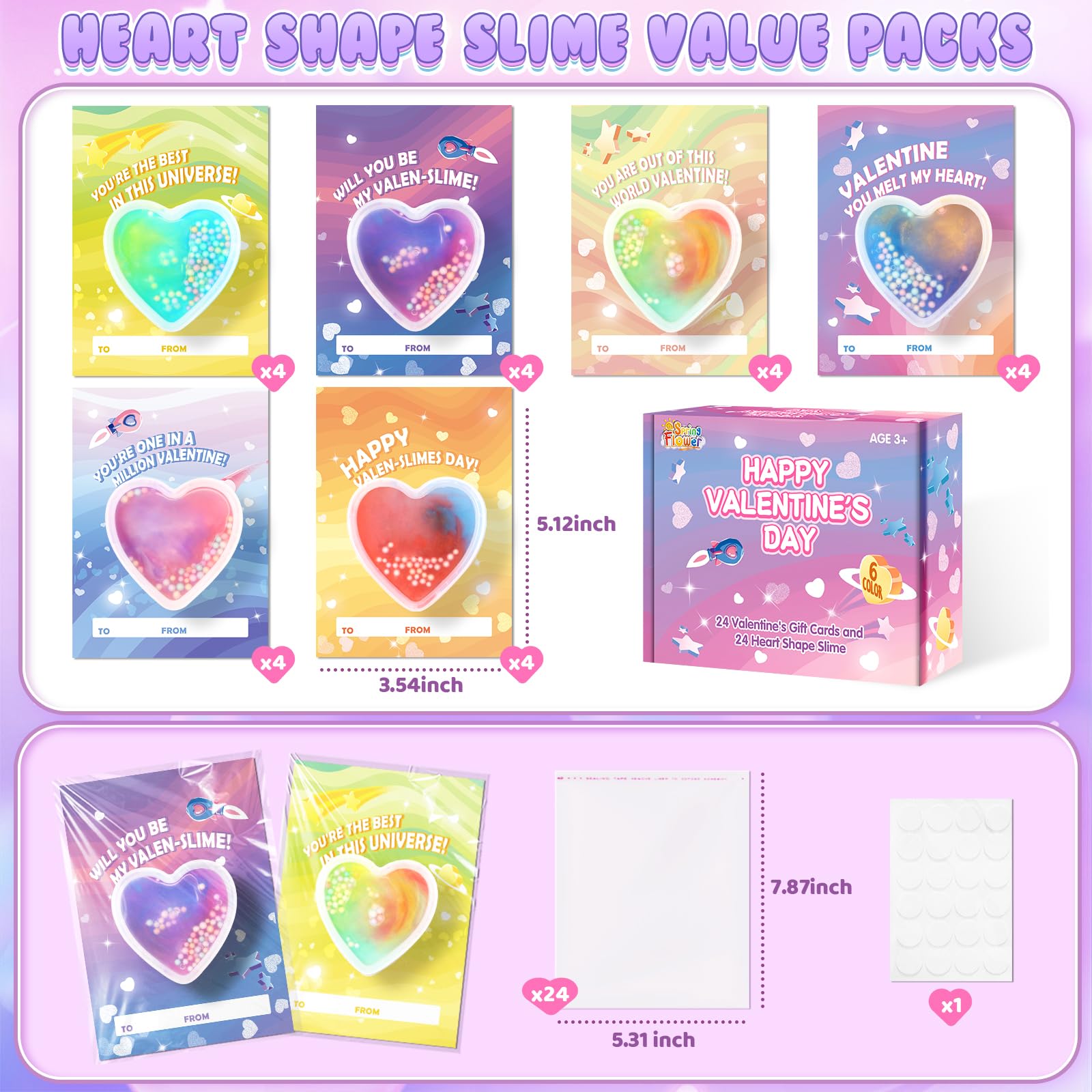 SpringFlower Valentine's Day Card Set — 24 Heart-Shaped Slime & Space Cards for School & Party Favors
