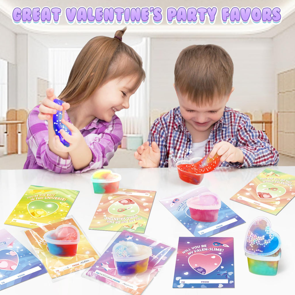 SpringFlower Valentine's Day Card Set — 24 Heart-Shaped Slime & Space Cards for School & Party Favors