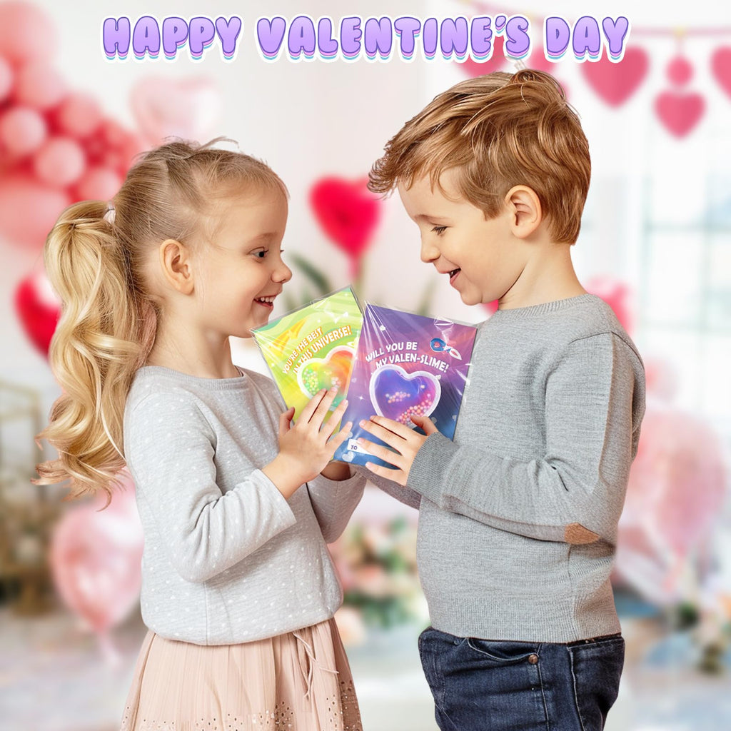 SpringFlower Valentine's Day Card Set — 24 Heart-Shaped Slime & Space Cards for School & Party Favors