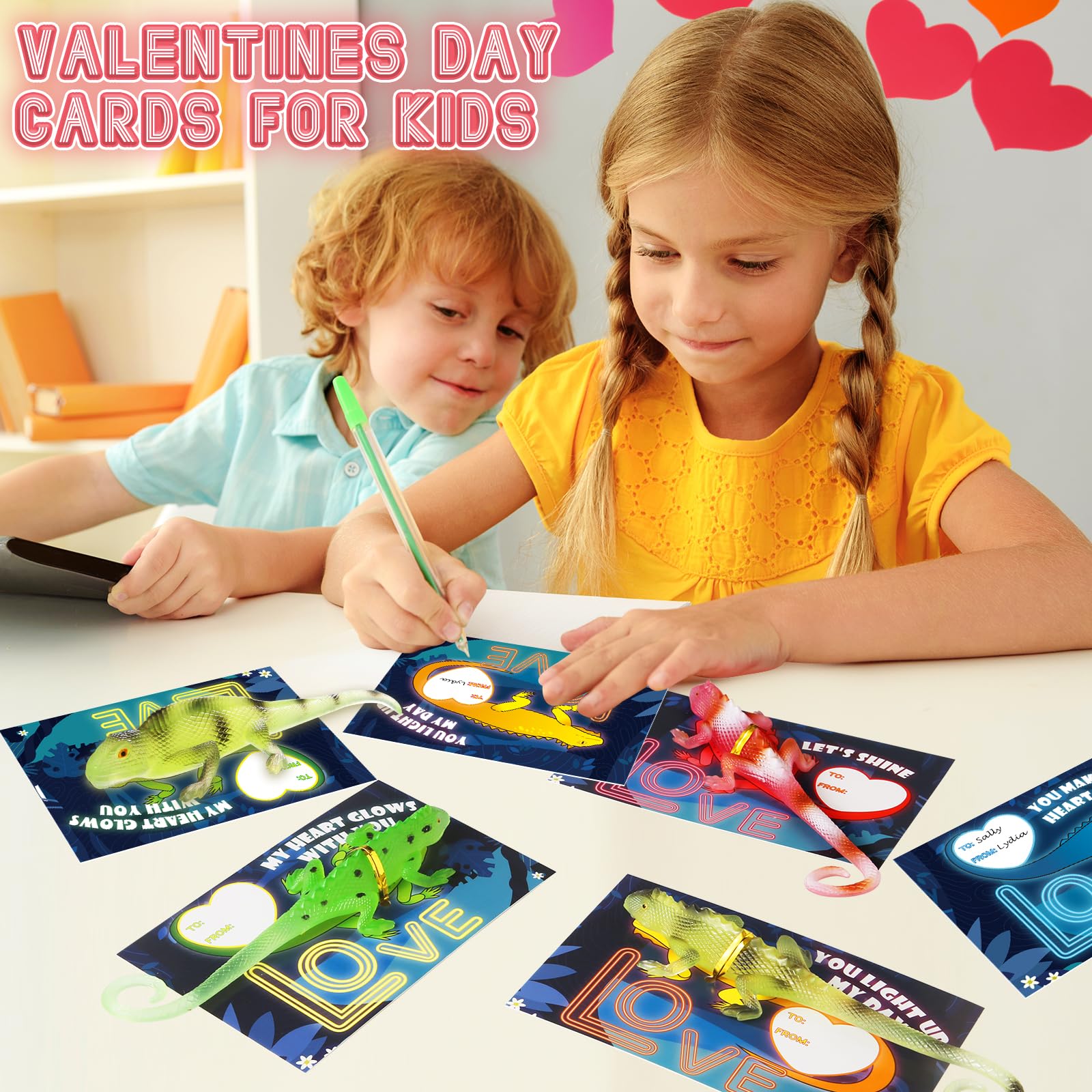 SpringFlower 24-Pack Valentines Gift Cards with Glow-in-the-Dark Lizards – Classroom Favors & Party Prizes