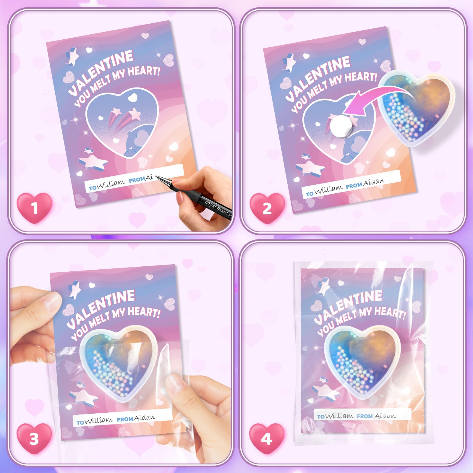 SpringFlower Valentine's Day Card Set — 24 Heart-Shaped Slime & Space Cards for School & Party Favors