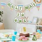 Squway Half Way To One Banner – 1/2 Birthday Hat, Gold Candles & Banner for Baby (Green)