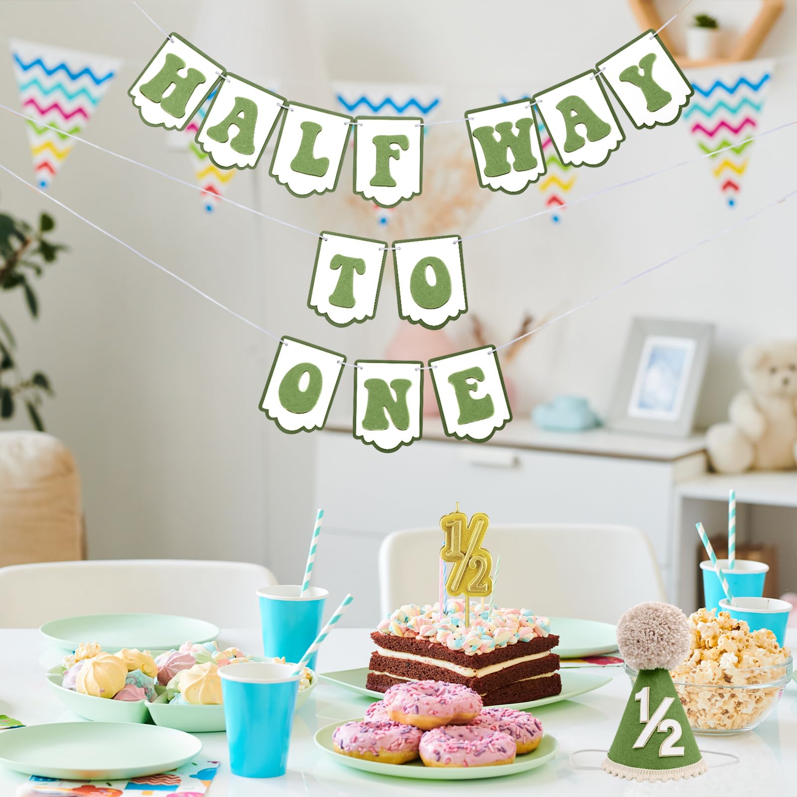 Squway Half Way To One Banner – 1/2 Birthday Hat, Gold Candles & Banner for Baby (Green)