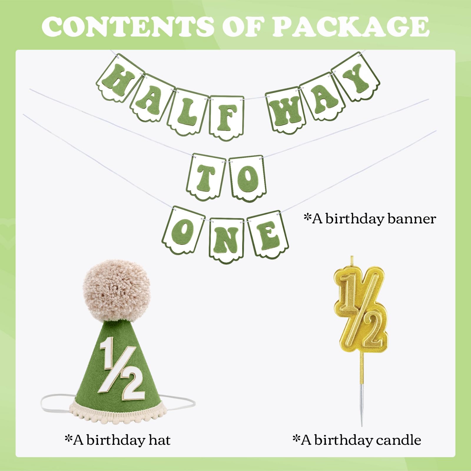 Squway Half Way To One Banner – 1/2 Birthday Hat, Gold Candles & Banner for Baby (Green)