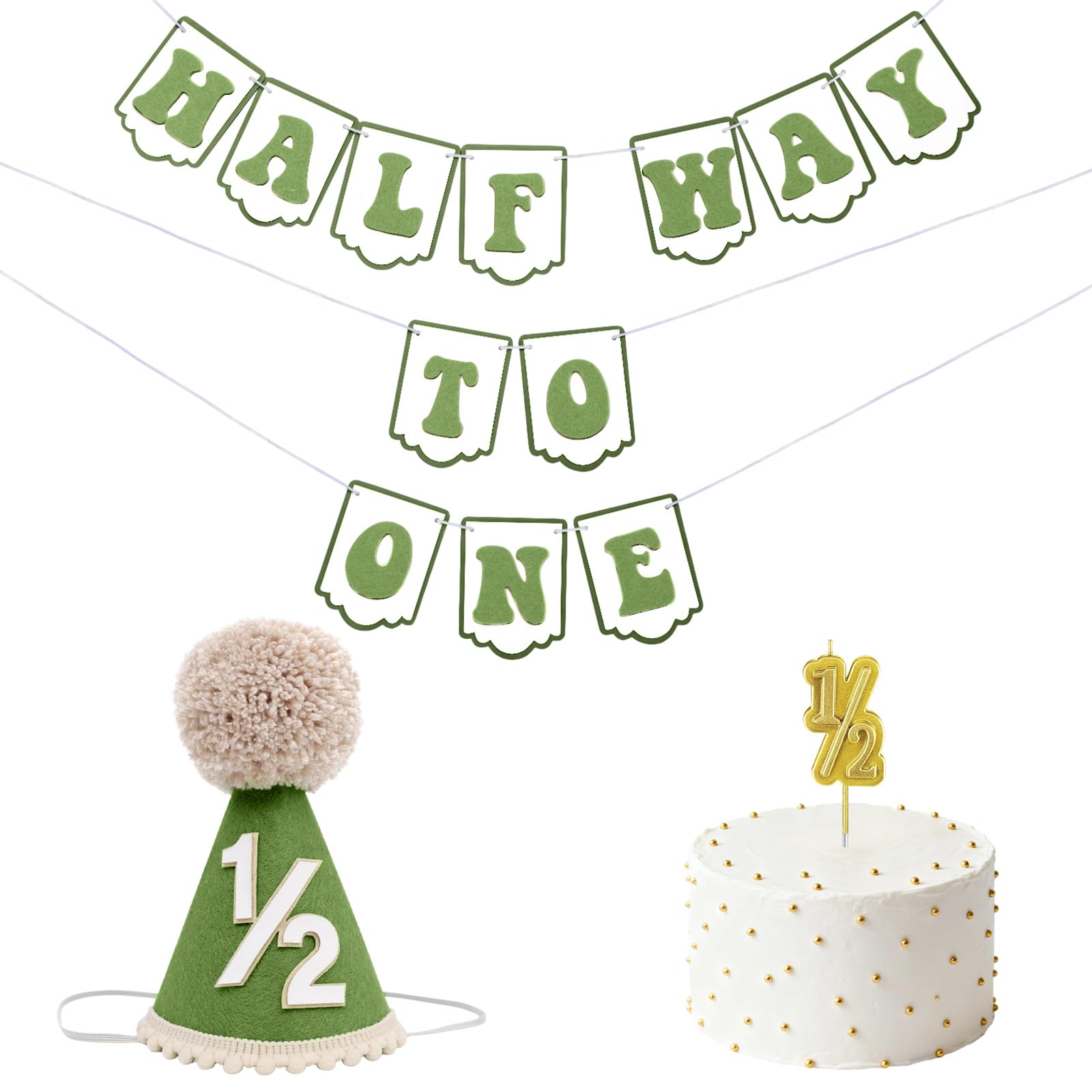 Squway Half Way To One Banner – 1/2 Birthday Hat, Gold Candles & Banner for Baby (Green)