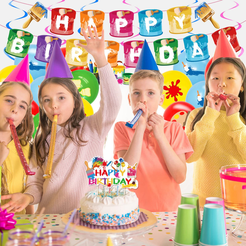 Sratte Art Party Decorations – 48 Pieces Paint Theme Balloons, Banner, Swirls & Toppers