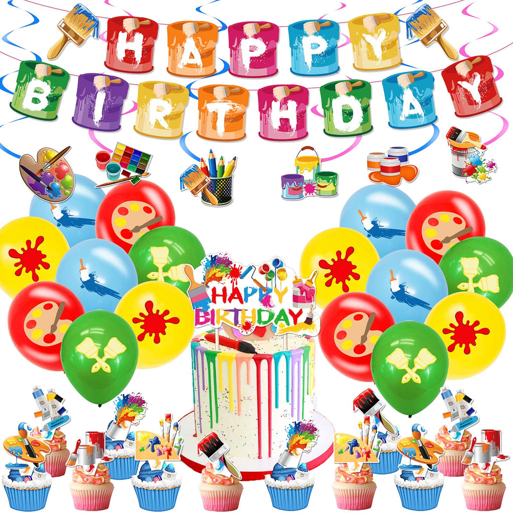 Sratte Art Party Decorations – 48 Pieces Paint Theme Balloons, Banner, Swirls & Toppers