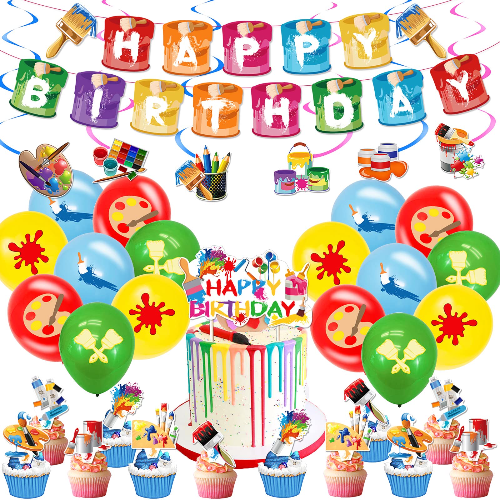 Sratte Art Party Decorations – 48 Pieces Paint Theme Balloons, Banner, Swirls & Toppers
