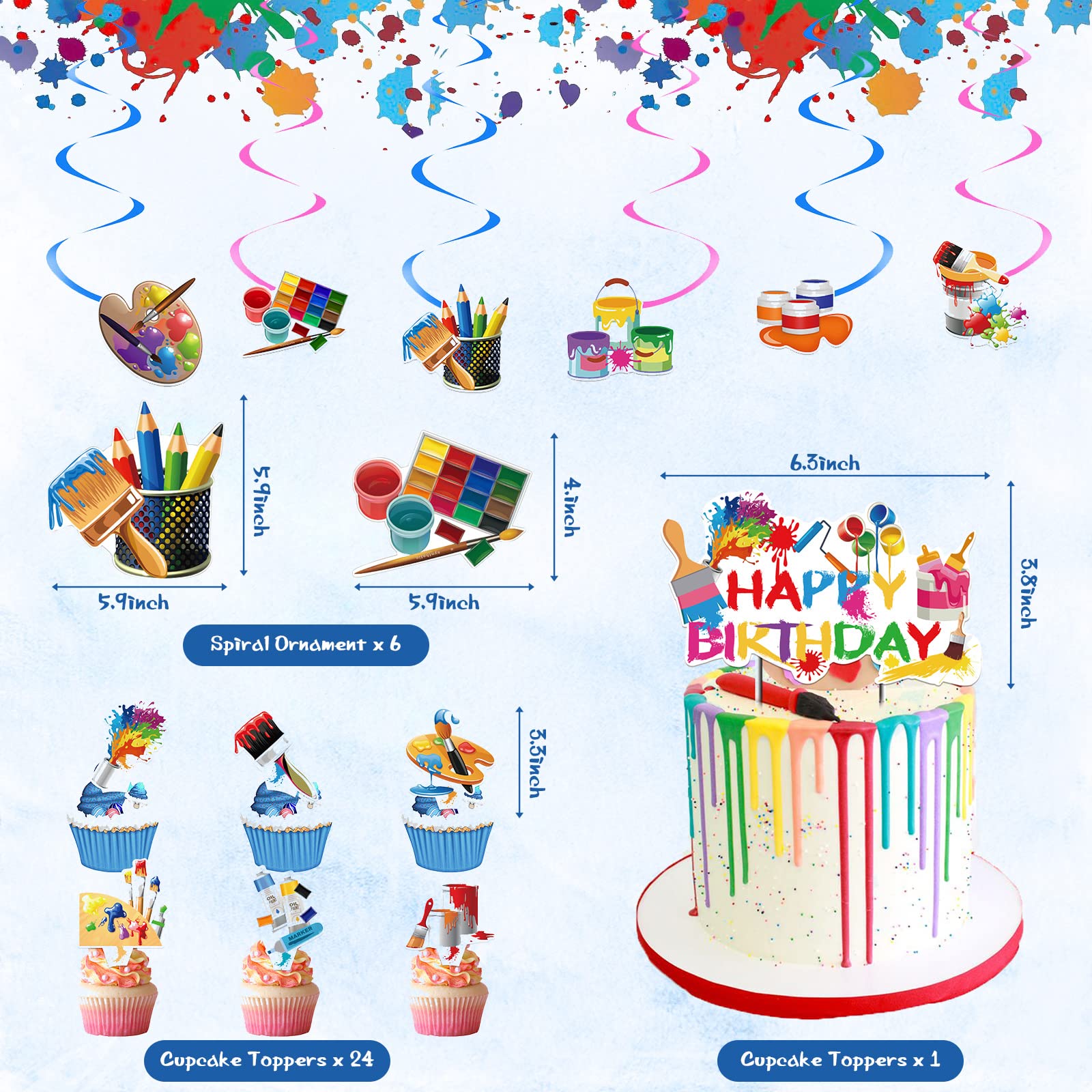 Sratte Art Party Decorations – 48 Pieces Paint Theme Balloons, Banner, Swirls & Toppers