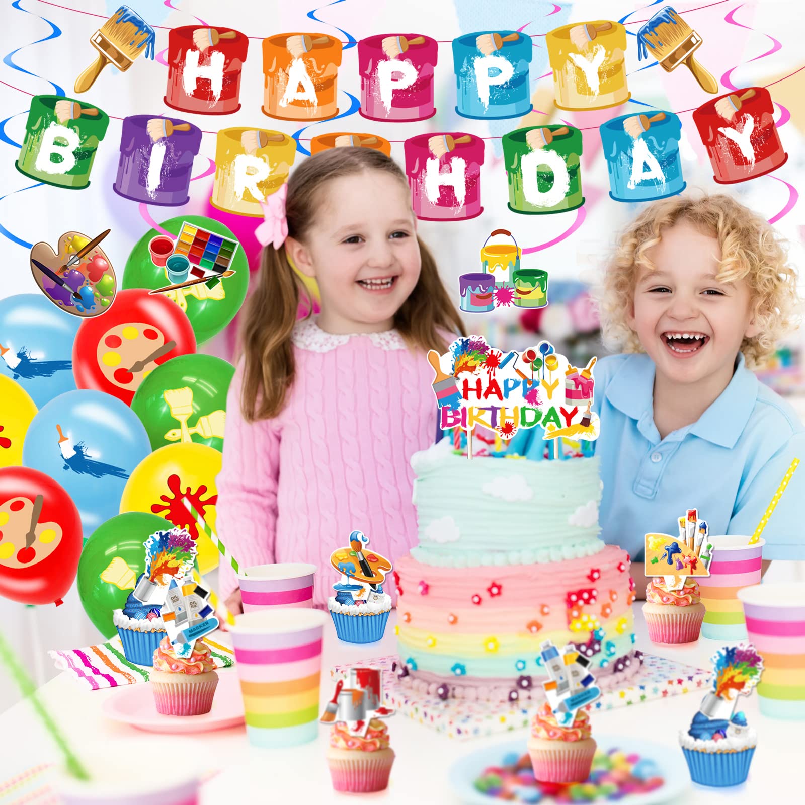 Sratte Art Party Decorations – 48 Pieces Paint Theme Balloons, Banner, Swirls & Toppers