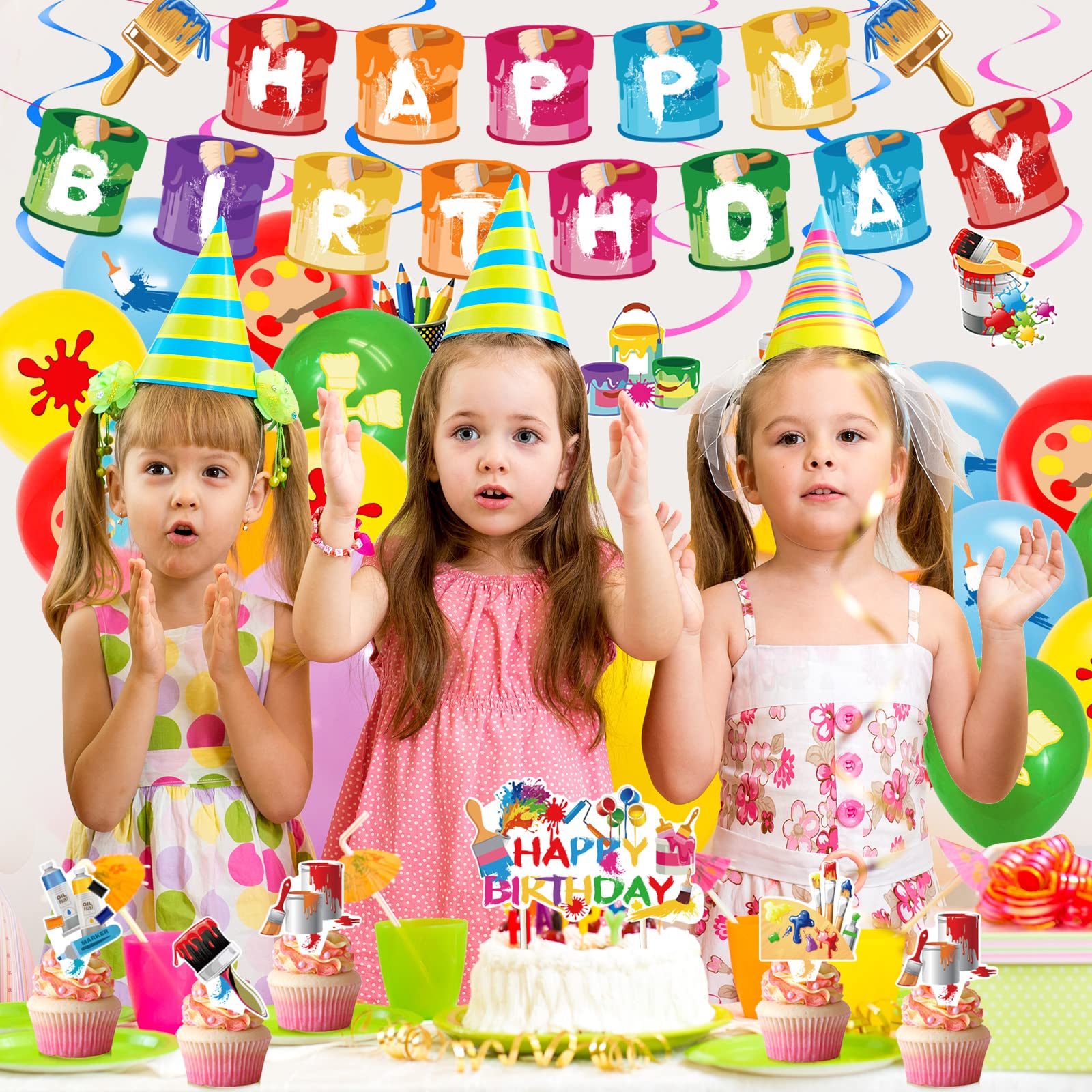 Sratte Art Party Decorations – 48 Pieces Paint Theme Balloons, Banner, Swirls & Toppers
