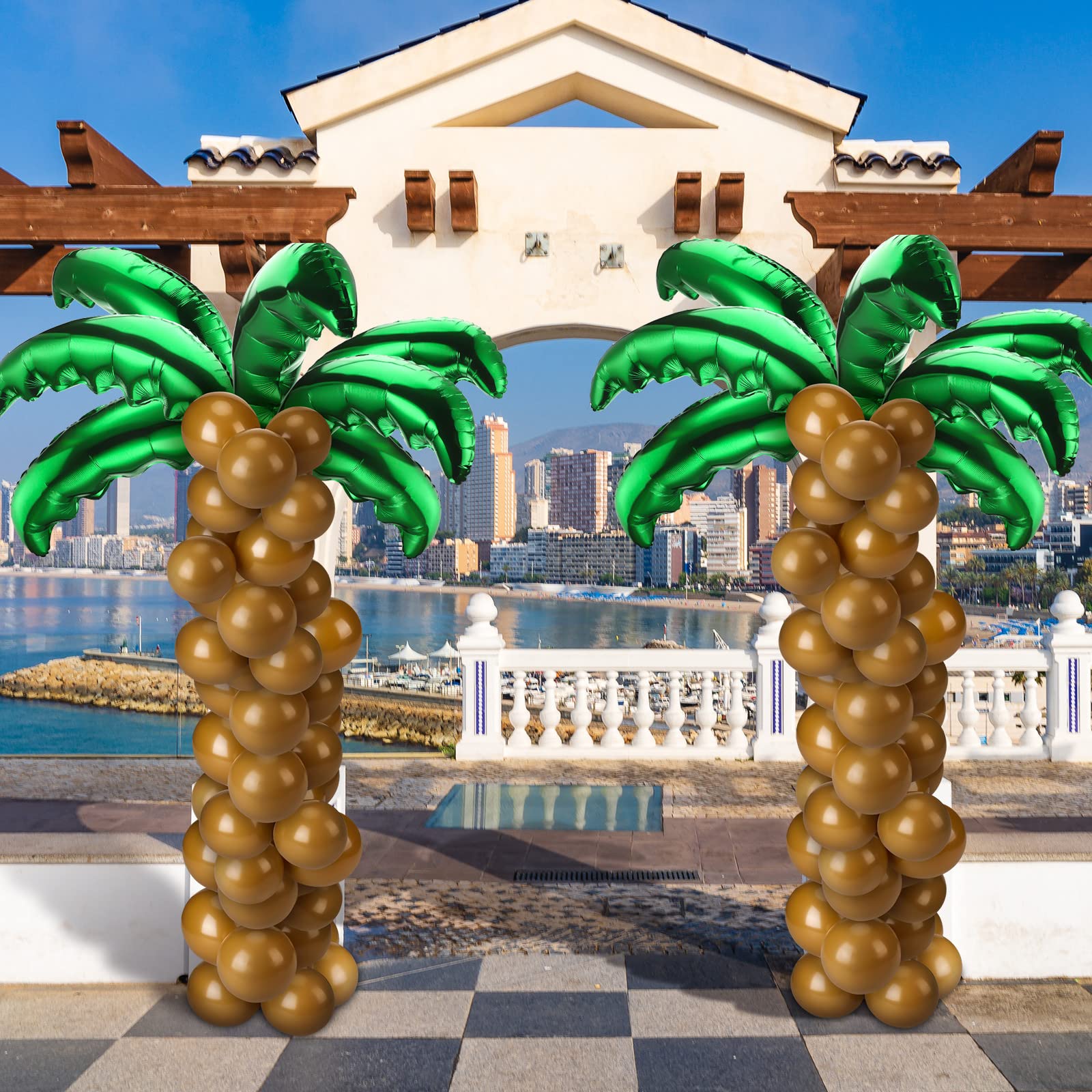 Sratte 100 Pcs Palm Tree Leaves & Coconut Balloons Set – 10 Foil Green Leaves + 90 Brown Latex for Hawaii Luau & Tropical Party