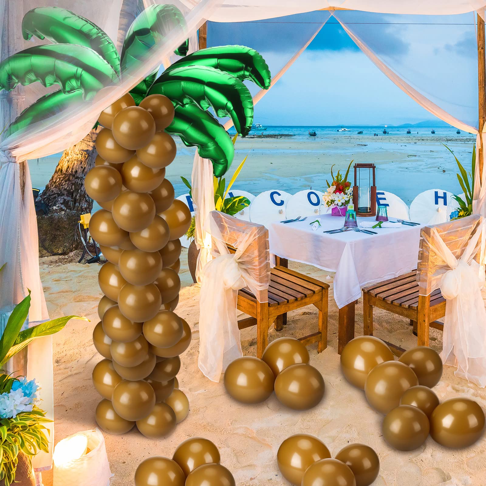 Sratte 100 Pcs Palm Tree Leaves & Coconut Balloons Set – 10 Foil Green Leaves + 90 Brown Latex for Hawaii Luau & Tropical Party