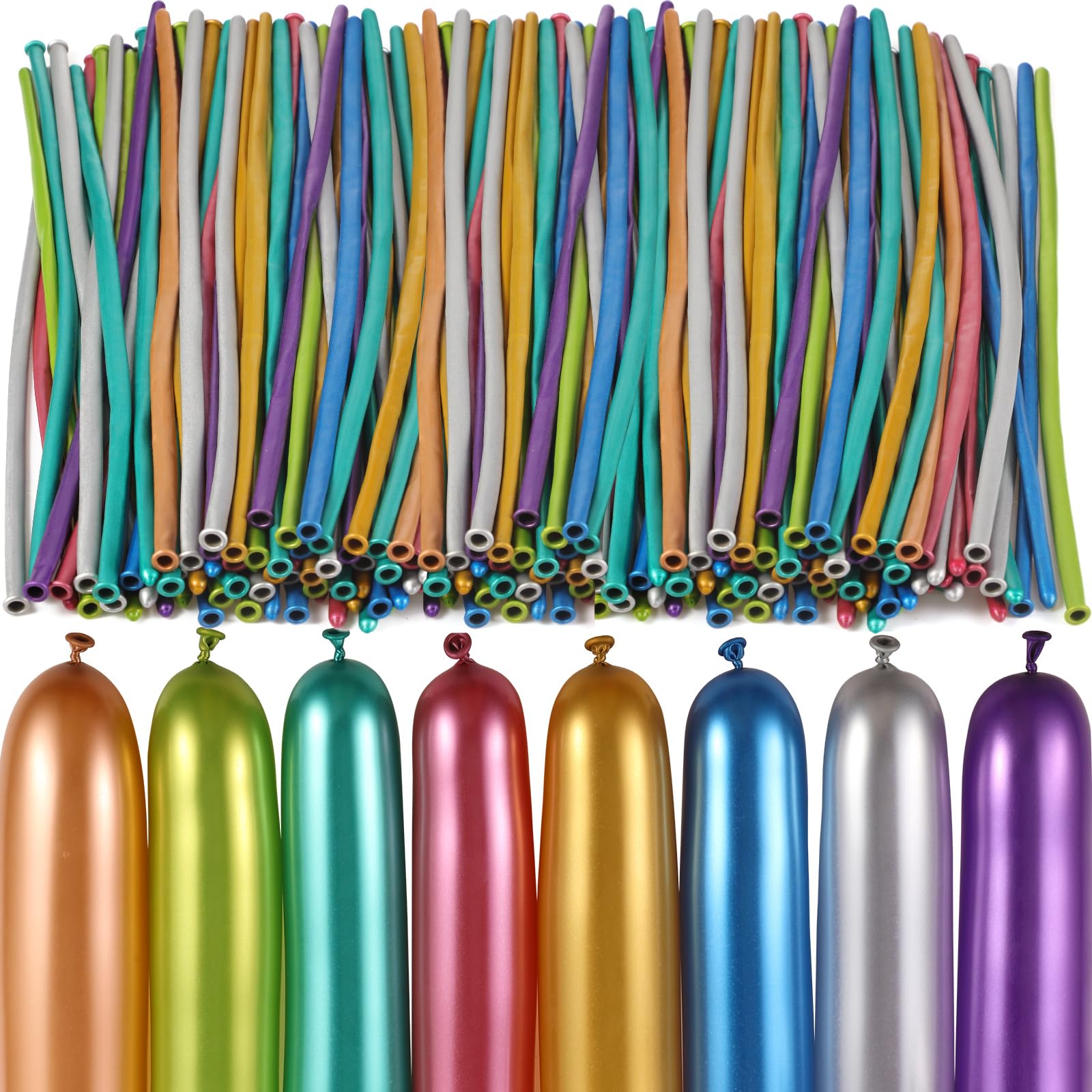 Sratte 200 Pcs Metallic Long Balloons 260Q – Mixed Colors for Arch Garlands, Party Decor